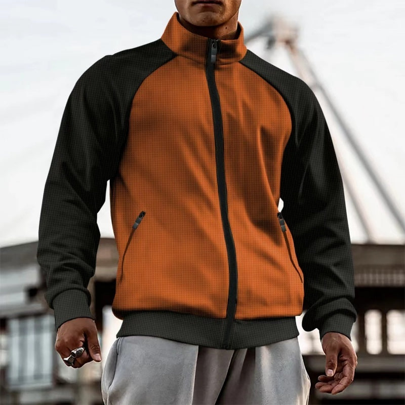 Men's Turtleneck Color Matching Zipper Raglan Sleeve Cardigan Jacket Coat