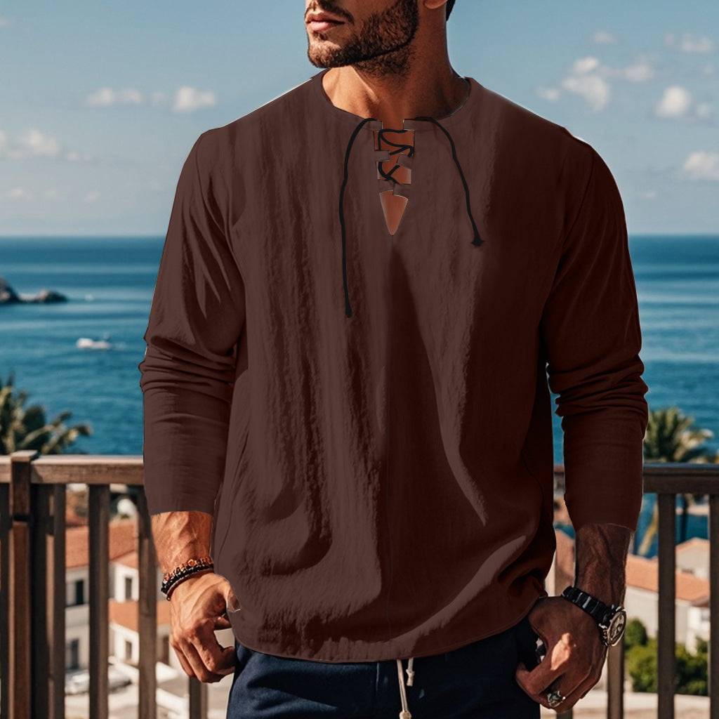 Solid Color Cotton Linen Beach Ruff Shirt