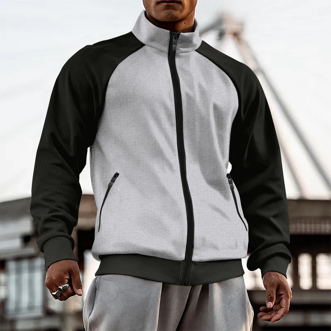 Men's Turtleneck Color Matching Zipper Raglan Sleeve Cardigan Jacket Coat