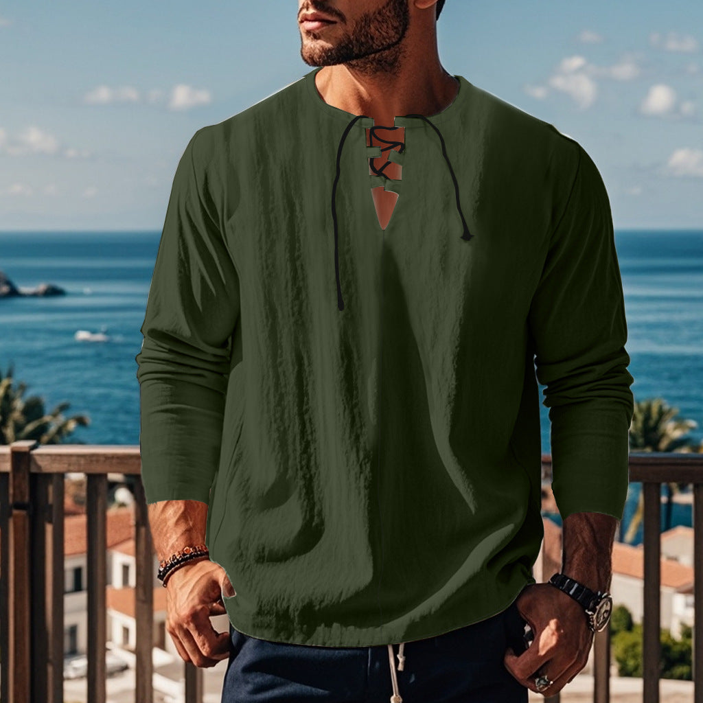 Solid Color Cotton Linen Beach Ruff Shirt
