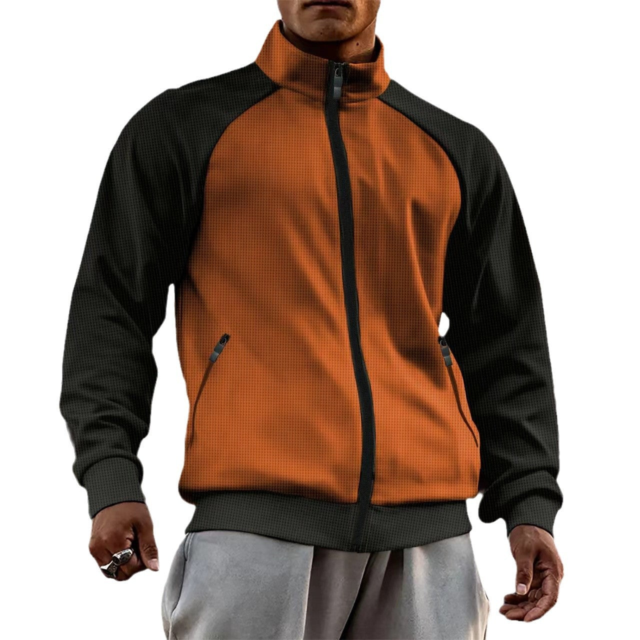Men's Turtleneck Color Matching Zipper Raglan Sleeve Cardigan Jacket Coat