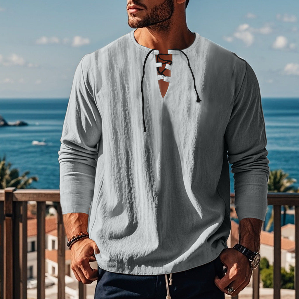 Solid Color Cotton Linen Beach Ruff Shirt