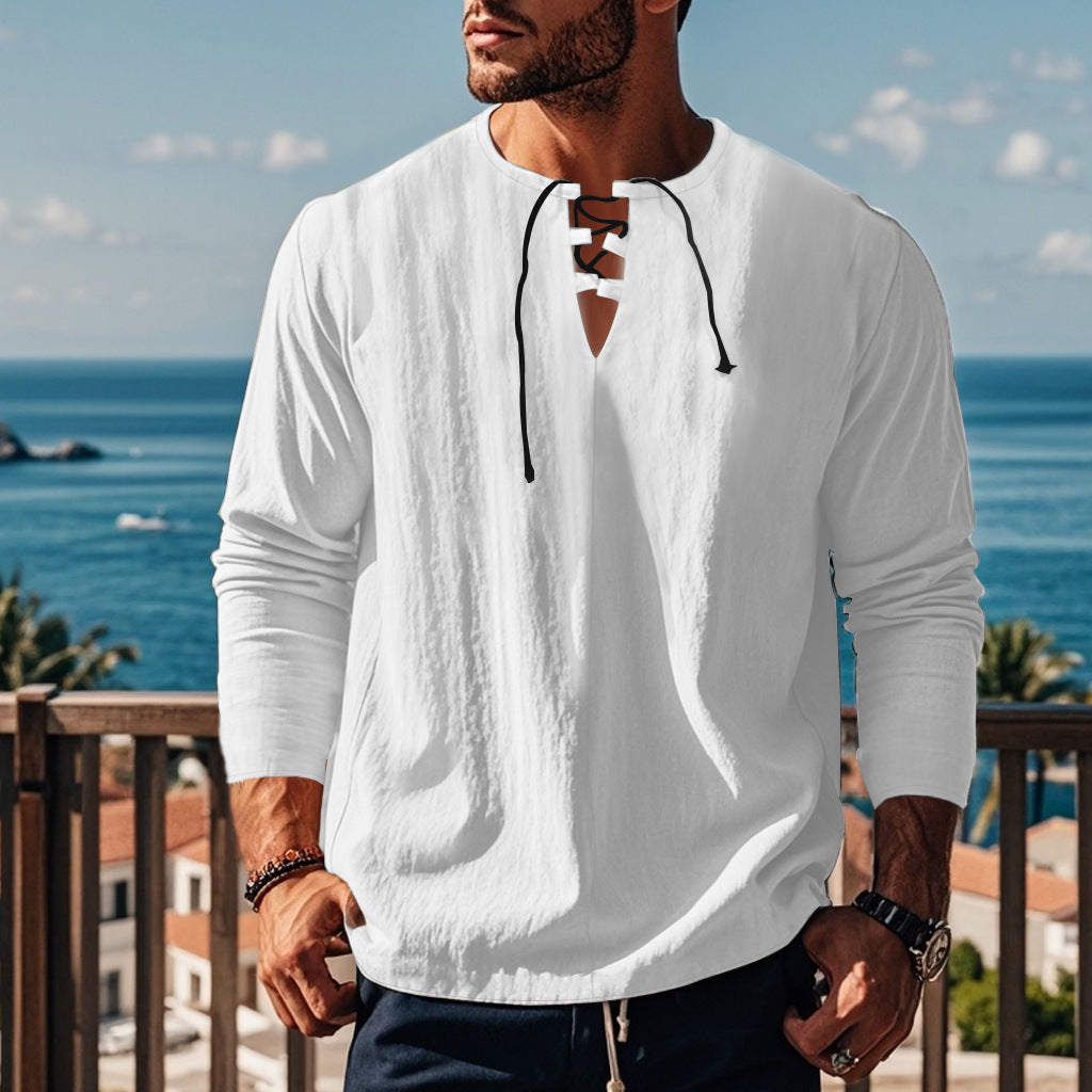 Solid Color Cotton Linen Beach Ruff Shirt